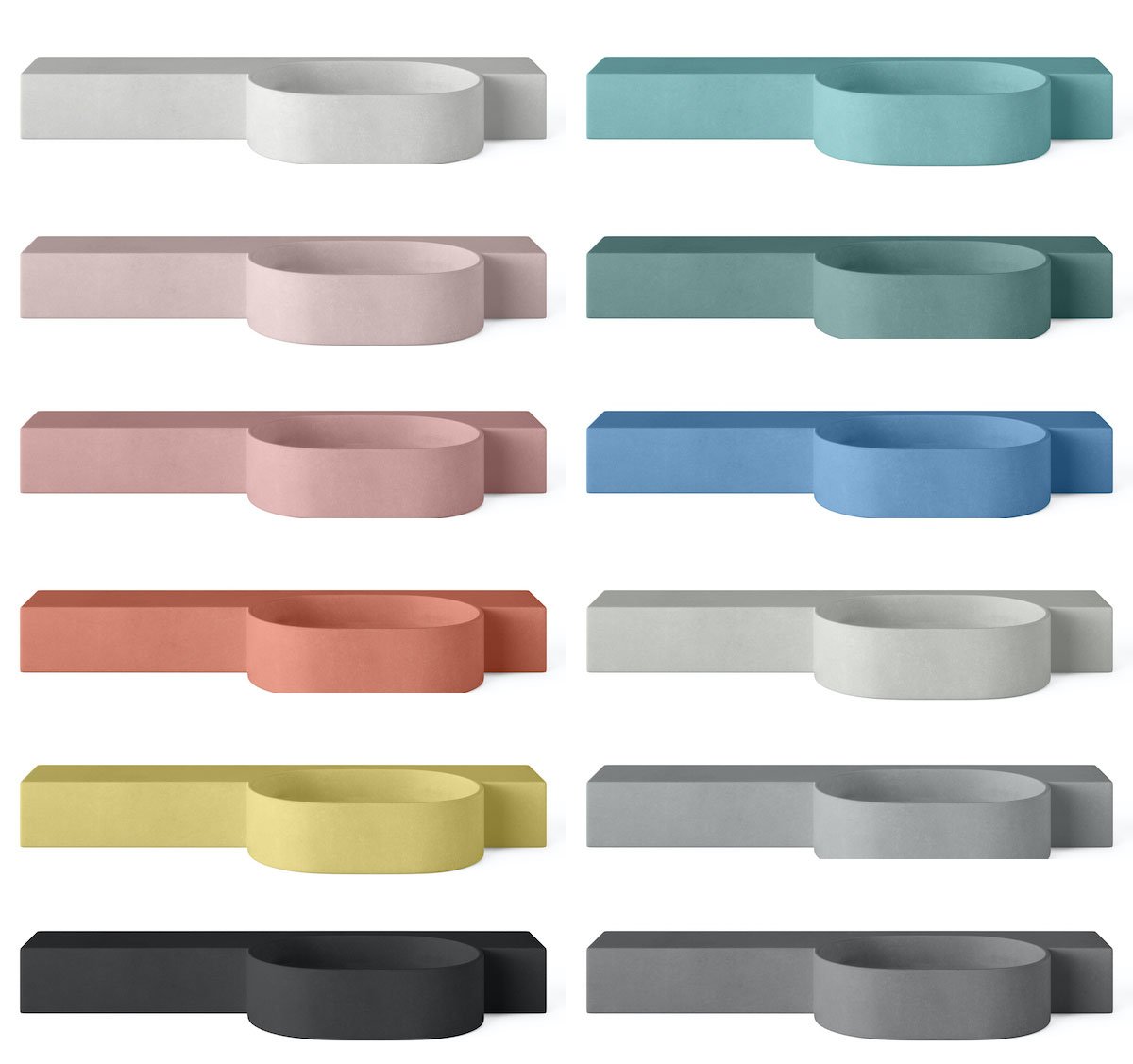 The colour options for the Mirro Oval concrete wall hung cloakroom basin